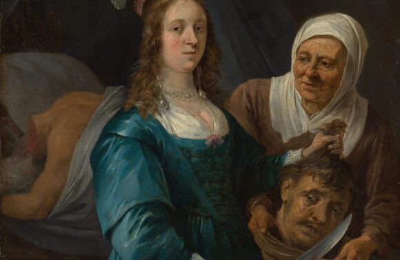 "Judith with the Head of Holofernes"(1650s) by David Teniers the Younger. The biblical subject represents the heroine Judith, who saved the city of Bethulia by first beguiling and then beheading the invading Assyrian general Holofernes. Judith appears accompanied by her maid and displaying Holofernes’s severed head as a trophy. (Metropolitan Museum of Art)