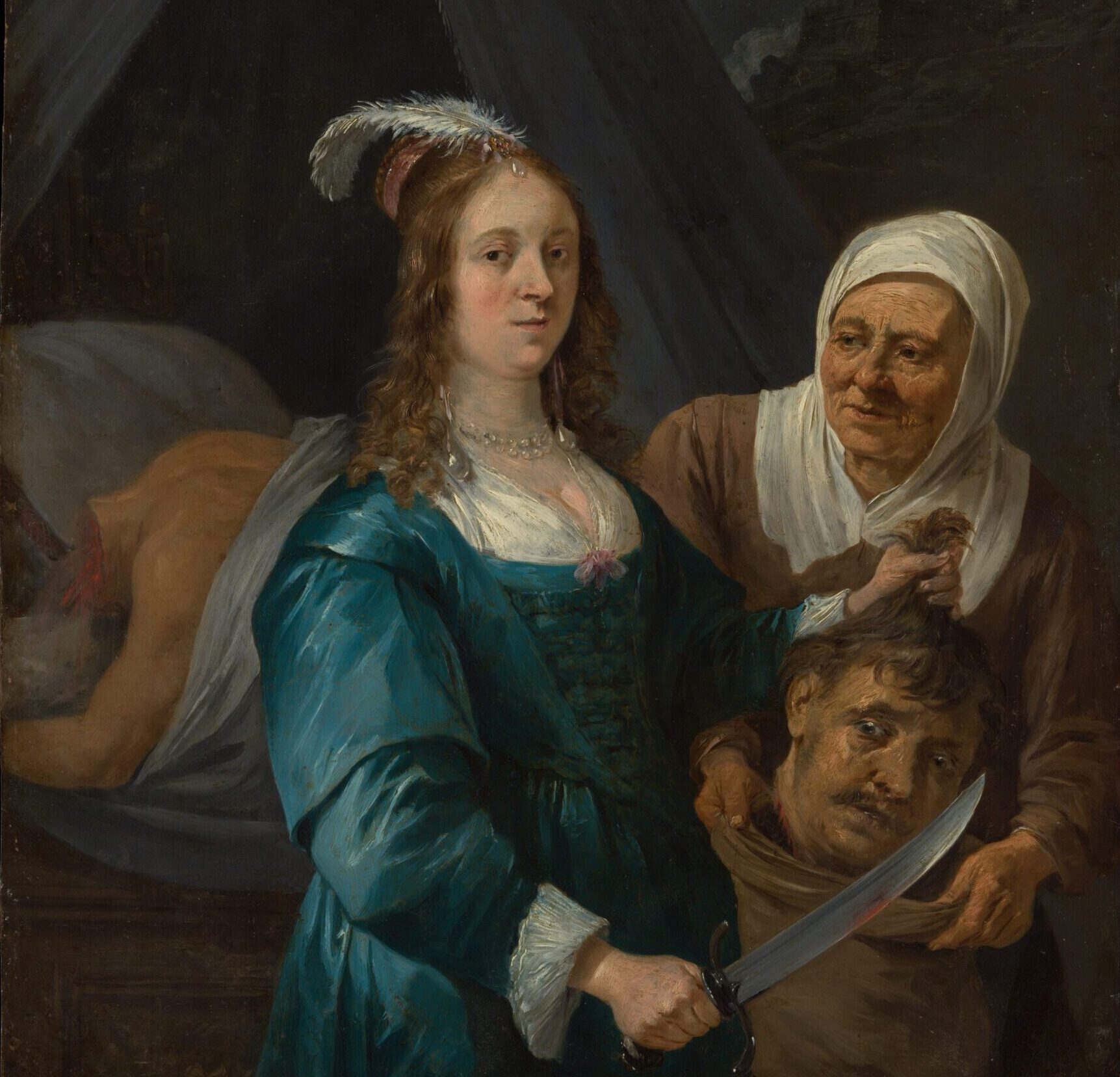 "Judith with the Head of Holofernes"(1650s) by David Teniers the Younger. The biblical subject represents the heroine Judith, who saved the city of Bethulia by first beguiling and then beheading the invading Assyrian general Holofernes. Judith appears accompanied by her maid and displaying Holofernes’s severed head as a trophy. (Metropolitan Museum of Art)